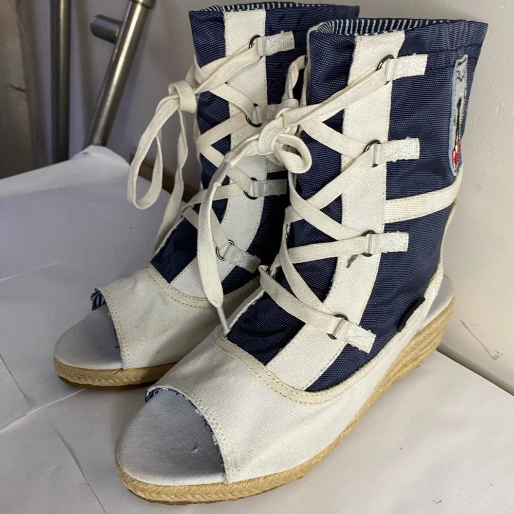 NWOT Pajar Nautical Navy Canvas Lace Up Espadrille Wedge Bootie Sandals 7